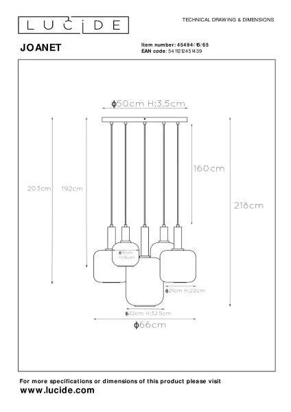 Lucide JOANET - Suspension - Ø 66 cm - 5xE27 - Fumé - technique